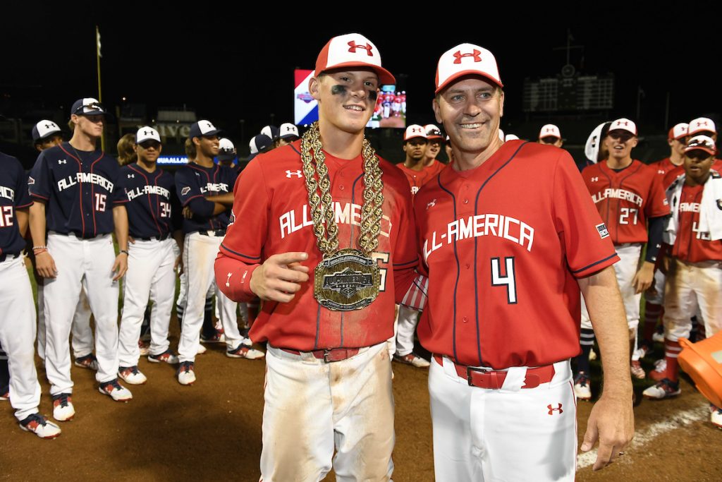 TEMPORARY UNEDITED FILE: Image may appear lighter/darker than final edit - all images cropped to best fit print size. Under Armour All-American Game presented by Baseball Factory on July 20, 2018 at Wrigley Field in Chicago, Illinois. (Mike Janes/Four Seam Images)