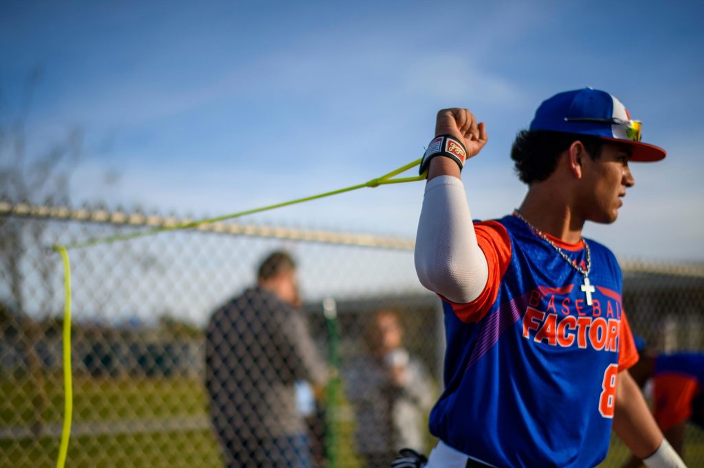 A Baseball Factory athlete works with Jaeger's J-Bands